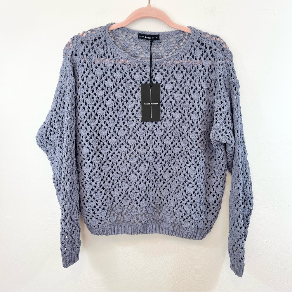 MOON AND MADISON Chenille Open Weave Crochet Boxy Cropped Pullover Sweater Small